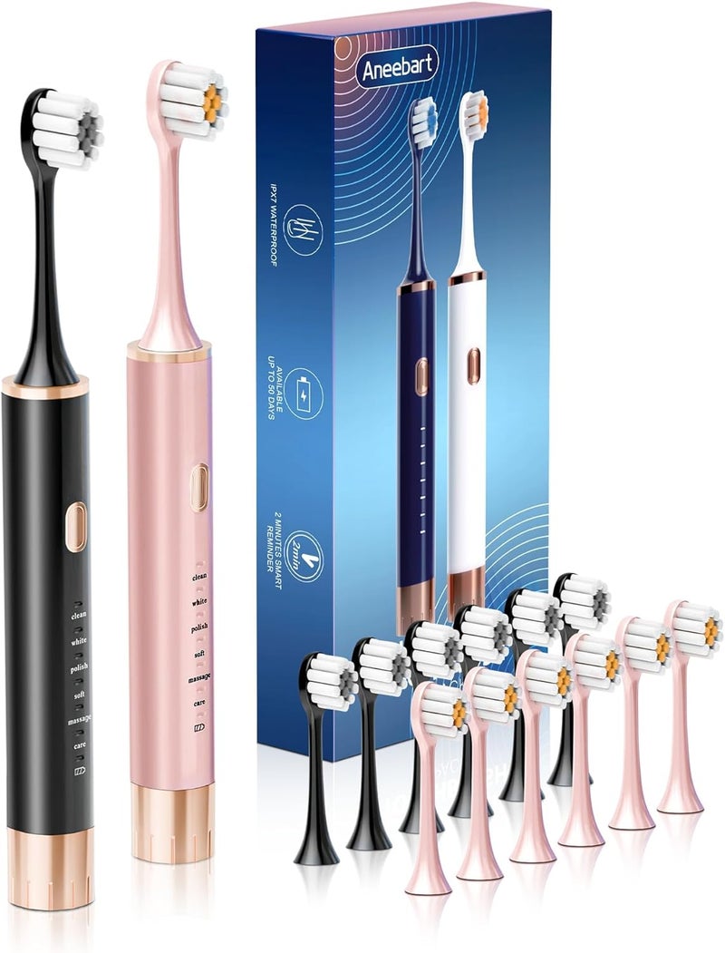 Aneebart Black & Pink Electric Toothbrush for Adults, 2 Pack Toothbrush，USB Rechargeable Sonic Toothbrush with 12 Brush Heads, Smart Timer, 6 Modes, 2-Hour Fast Charge Last 30 Days - Image 1
